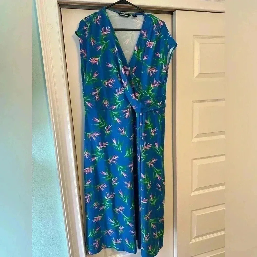 Lands End Maxi Dress Tropical Print Women’s Sz 2x Cotton Pima Faux Wrap Dress